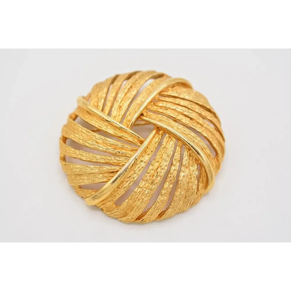 Art Vintage Round Pin Brooch Brushed Textured Gold Signed Chunky 1950s Bin4
